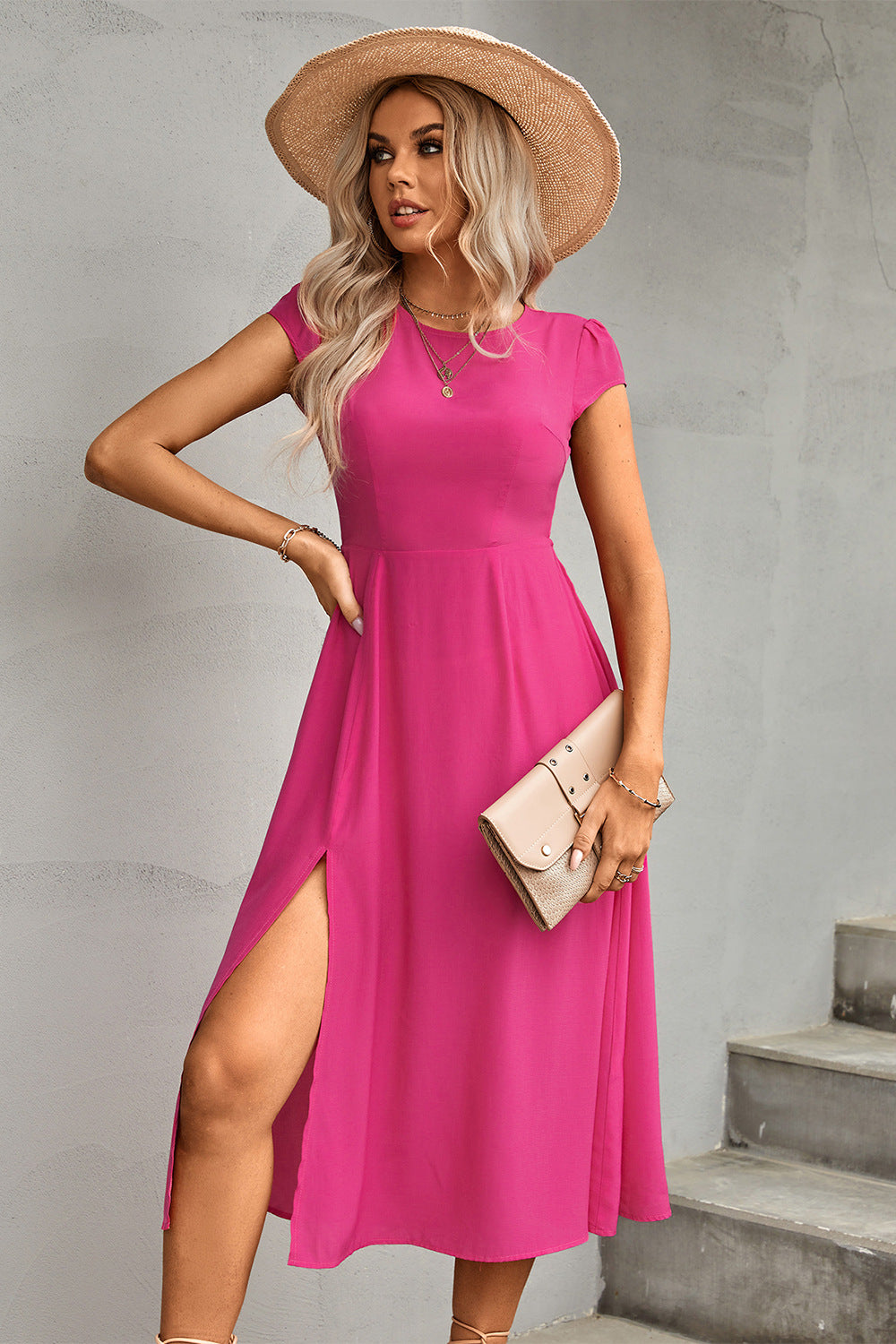 Barbie Pink Cutout Round Neck Split Dress